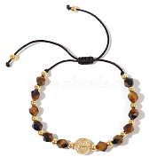 Luxury Fashion Star Cut Round Natural Tiger Eye Braided Bead Bracelets, with Flat Round & Saint Brass Beads for Women Men(AI7814)