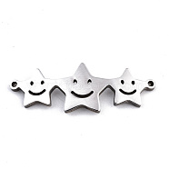 304 Stainless Steel Link Connectors, Laser Cut, Star with Smiling Face, Stainless Steel Color, 11x30x1.5mm, Hole: 1mm(STAS-T059-07P)