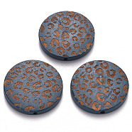 Painted Natural Wood Beads, Laser Engraved Pattern, Flat Round with Leopard Print, Steel Blue, 30x5mm, Hole: 1.6mm(X-WOOD-N006-07C)