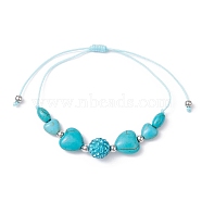 Heart Synthetic Turquoise Braided Bead Bracelets, Adjustable Polymer Clay Rhinestone Bead Nylon Thread Bracelets for Women, Inner Diameter: 3/4~3-1/4 inch(2~8.3cm)(BJEW-JB09822)