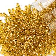 TOHO Round Seed Beads, Japanese Seed Beads, (752) 24K Gold Lined Topaz, 8/0, 3mm, Hole: 1mm, about 10000pcs/pound(SEED-TR08-0752)