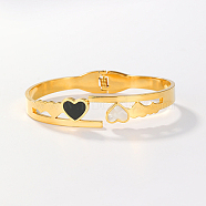 Natural Shell Heart Hinged Cuff Bangle, Stainless Steel Bangle, Real 18K Gold Plated, 2-3/8~2-3/4 inch(6~7cm)(DD3950)