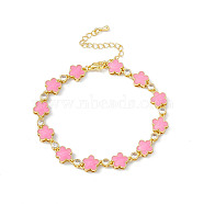 Brass Micro Pave Cubic Zirconia Chain Bracelets, Enamel Style Pink Flower Link Chain Bracelet for Women, with Chain Extender & Lobster Claw Clasp, Golden, 7-3/4 inch(19.6cm)(BJEW-P288-03G)