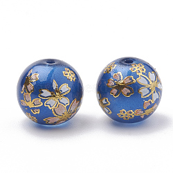 Flower Picture Printed Glass Beads, Round, Royal Blue, 12mm, Hole: 1~1.5mm(GLAA-Q071-02B)
