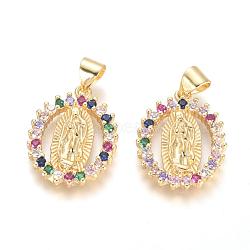 Brass Micro Pave Cubic Zirconia Pendants, Lady of Guadalupe Charms, Long-Lasting Plated, Oval with Virgin Mary, Golden, Colorful, 20x15x2.5mm, Hole: 5x3mm(KK-I657-32G-A)