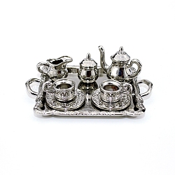 Vintage Mini Alloy Tea Set, including 1 Teapot, 1 Sugar Bowl, 1 Cream Pitcher, 2 Teacups, 2 Saucers, 1 Holder Tray, Pretending Prop Decorations, Platinum, 67x48x7.5mm, 8pcs/set(BOTT-PW0001-217S)