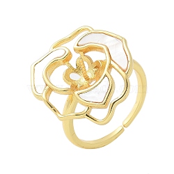 Flower Brass Shell Cuff Ring Settings, for Half Drilled Beads, Rack Plating, Long-Lasting Plated, Lead Free & Cadmium Free, Golden, Inner Diameter: 16mm, Pin: 5x0.8mm(KK-K297-01G)