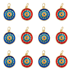 DICOSMETIC 12Pcs 2 Colors Flat Round Brass Micro Pave Cubic Zirconia Charms, with Jump Rings and Enamel, Real 18K Gold Plated, Mixed Color, 14x12x2mm, Hole: 3.4mm, about 6pcs/color(KK-DC0002-80)