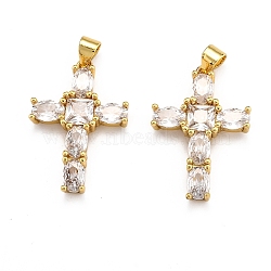 Brass Micro Pave Clear Cubic Zirconia Pendants, Long-Lasting Plated, Cross, Real 18K Gold Plated, 26.5x18x4.5mm, Hole: 3x4mm(X-ZIRC-J025-41G)