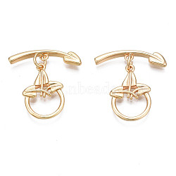 Brass Toggle Clasps, Nickel Free, with Jump Rings, Ring with Arrow, Real 18K Gold Plated, Ring: 18x12x2mm, Bar: 20.5x4.5x2mm, Jump Ring: 5x1mm, 3mm inner diameter(KK-Q278-006-NF)