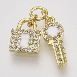 Brass Micro Pave Cubic Zirconia Pendants, with Enamel and Jump Rings, Key and Lock, Nickel Free, Real 18K Gold Plated, White, Lock: 10x7.5x2, Key: 15x6x2mm, Hole: 3.4mm(ZIRC-Q022-010G-02-NF)