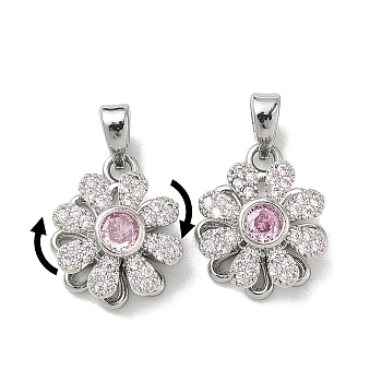 Brass Micro Pave Cubic Zirconia Rotatable Pendants, Long-Lasting Plated, Flower Charms, Platinum, 14.5x12x7mm, Hole: 5x2.5mm