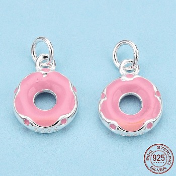 925 Sterling Silver Enamel Charms, with Jump Ring, Doughnut, Pink, 10.5x8x2.2mm, Hole: 2.5mm