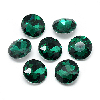 Pointed Back Glass Rhinestone Cabochons, Back Plated, Faceted, Flat Round, Sea Green, 8x3.5mm
