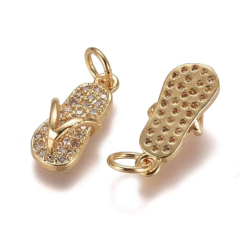 Brass Micro Pave Clear Cubic Zirconia Charms, with Jump Rings, Cadmium Free & Lead Free, Flip-Flops/Chancla, Golden, 15x7x4mm, Hole: 3mm