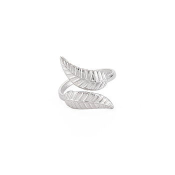 304 Stainless Steel Leaf Open Cuff Ring for Women, Stainless Steel Color, US Size 6 3/4(17.1mm)