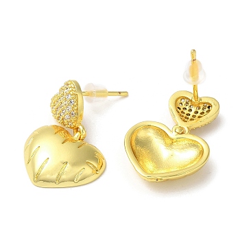 Clear Cubic Zirconia Heart Dangle Stud Earrings, Rack Plating Brass Jewelry, Real 18K Gold Plated, 22.5x15mm