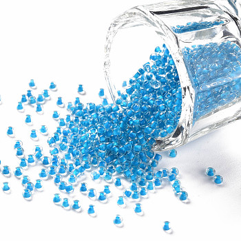 11/0 Grade A Transparent Glass Seed Beads, Inside Color, Deep Sky Blue, 2.3x1.5mm, Hole: 1mm, about 5300pcs/50g