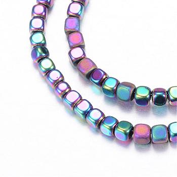 Electroplate Non-magnetic Synthetic Hematite Bead Strands, with Matte Style, Cube, Multi-color Plated, 3x3x3mm, Hole: 1mm, about 142pcs/strand, 15.7 inch