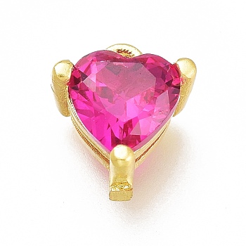 Brass Micro Pave Cubic Zirconia Charms, Long-Lasting Plated, Heart, Golden, Fuchsia, 7x6.5x4mm, Hole: 0.8mm