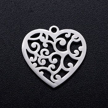 304 Stainless Steel Pendants, Heart with Cirrus, Stainless Steel Color, 15.5x15.5x1mm, Hole: 1.2mm