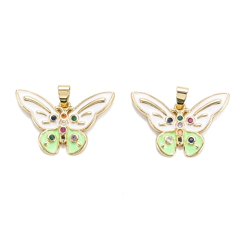 Brass Micro Pave Cubic Zirconia Pendants, with Enamel, Real 18K Gold Plated, Long-Lasting Plated, Butterfly, Colorful, 22x32.5x3mm, Hole: 6x3mm