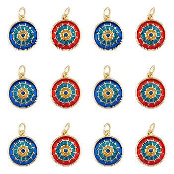 12Pcs 2 Colors Flat Round Brass Micro Pave Cubic Zirconia Charms, with Jump Rings and Enamel, Real 18K Gold Plated, Mixed Color, 14x12x2mm, Hole: 3.4mm, about 6pcs/color