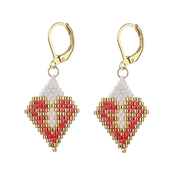 Glass Seed Braided Rhombus with Heart Dangle Leverback Earrings, 304 Stainless Steel Drop Earrings for Women, Tomato, 44mm, Pin: 0.7mm