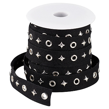 Elite Cotton Ribbon, Herringbone Ribbon with Stainless Steel Color Plated Stainless Steel Rivets and Eyelets, Black, Star Pattern, 3/4 inch(20mm), Star: 8x8x2.5mm, 10 yards/set
