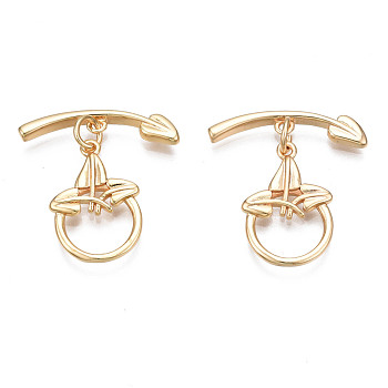 Brass Toggle Clasps, Nickel Free, with Jump Rings, Ring with Arrow, Real 18K Gold Plated, Ring: 18x12x2mm, Bar: 20.5x4.5x2mm, Jump Ring: 5x1mm, 3mm inner diameter