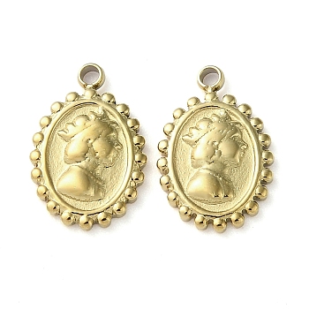 304 Stainless Steel Charms, Oval with Human Charm, Real 18K Gold Plated, 12x8x1.4mm, Hole: 1mm