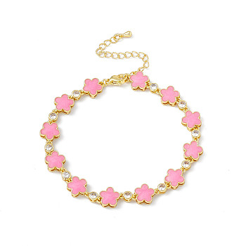 Brass Micro Pave Cubic Zirconia Chain Bracelets, Enamel Style Pink Flower Link Chain Bracelet for Women, with Chain Extender & Lobster Claw Clasp, Golden, 7-3/4 inch(19.6cm)