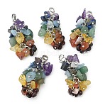 Natural Chip Gemstone Pendant Decorations, with Brass Lobster Claw Clasps, Platinum, Mixed Color, 50x15mm(X-HJEW-JM00213)