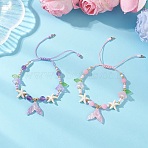 2Pcs 2 Colors Resin Charm Bracelets, Glass Seed Bead & Synthetic Turquoise & Natural Amethyst & Yellow Jade Beads Braided Bracelets for Women, Starfish, Mixed Color, Inner Diameter: 2.05~3.03 inch(5.2~7.7cm), 1pc/color(BJEW-MZ00281)