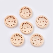 Wooden Buttons, 2-Hole, with Word, Flat Round with Word Handmade with Love, Blanched Almond, 25x4mm, Hole: 2.5mm(BUTT-K007-08C)