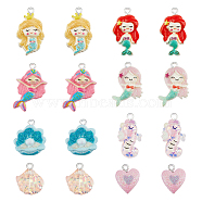 40Pcs 8 Styles Opaque & Transparent Resin Pendants, with Platinum Tone Iron Loops and Glitter Powder, Mermaid & Heart & Shell, Mixed Shapes, Mixed Color, 16.5~28x14~18.5x5.5~7mm, Hole: 1.8~2mm, 5pcs/style(RESI-FH0001-51)