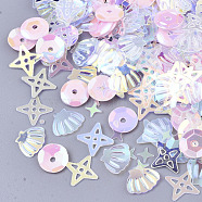 Ornament Accessories, PVC Plastic Paillette/Sequins Beads, Shell & Star & Flat Round, Pink, 3~8x3~8x0.4mm, Hole: 0.9~1mm(PVC-N001-17)