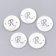 Freshwater Shell Links connectors, with Brass Findings, Flat Round, Platinum, Letter.R, 20~21x3mm, Hole: 1.2mm(SHEL-S274-22R-P)
