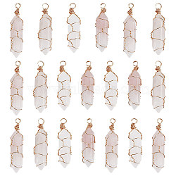 20Pcs Natural Rose Quartz Pendants, Light Gold Plated Copper Wire Wrapped Double Terminated Point Bullet Charms, Faceted, 40x9x9mm, Hole: 3mm(PALLOY-AB00120)
