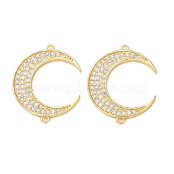 Brass Micro Pave Clear Cubic Zirconia Connector Charms, Moon Links, Rack Plating, Long-Lasting Plated, Cadmium Free & Lead Free, Real 18K Gold Plated, 23x19x2mm, Hole: 1mm(CU-CBA4579-15G)