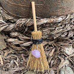 Halloween Theme Mini Witch Broom Party Decoration, with Amethyst, Decorative Props for Garden, Home, Wheat, 100mm(HAWE-PW0001-105D)