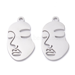 304 Stainless Steel Pendants, Abstract Face, Stainless Steel Color, 28x15x1.5mm, Hole: 2mm(STAS-P276-01D-P)