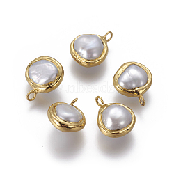 Natural Cultured Freshwater Pearl Pendants, with Brass Findings, Nuggets, White, Golden, 17~18.5x13~15x8~9.5mm, Hole: 2.5mm(PEAR-F011-55G)