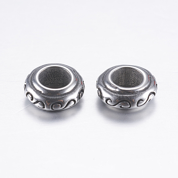 304 Stainless Steel European Beads, Large Hole Beads, Rondelle, Antique Silver, 9x3.5mm, Hole: 4.5mm