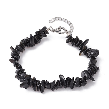 Natural Obsidian Chips Beaded Bracelet, with 304 Stainless Steel Clasps, 7-1/8 inch(18.2cm)