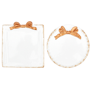 Vintage Resin Decorative Tray, Towel Tray, Storage Tray, Square & Flat Round with Bowknot, White, 2pcs/set