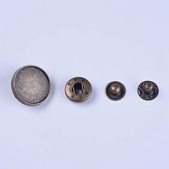 Alloy Snap Buttons Cabochon Settings, with Brass Findings (Including Cap, Stud and Socket), Antique Bronze, 9~18x4~6.5mm, Tray: 16mm, 4pcs/set
