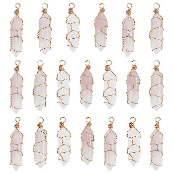 20Pcs Natural Rose Quartz Pendants, Light Gold Plated Copper Wire Wrapped Double Terminated Point Bullet Charms, Faceted, 40x9x9mm, Hole: 3mm