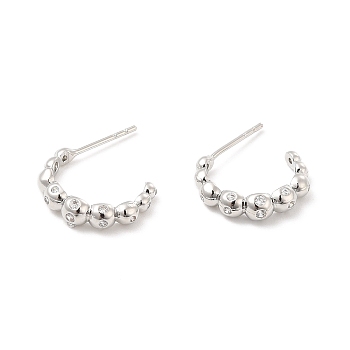 Clear Cubic Zirconia Beaded C-shape Stud Earrings, Brass Half Hoop Earrings for Women, Cadmium Free & Lead Free, Platinum, 16x3.5mm, Pin: 0.8mm