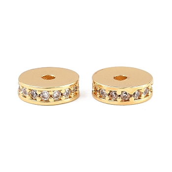 Brass Micro Pave Clear Cubic Zirconia Beads, Flat Round, Rack Plating, Long-Lasting Plated, Cadmium Free & Lead Free, Real 18K Gold Plated, 8x2.5mm, Hole: 1.5~1.6mm